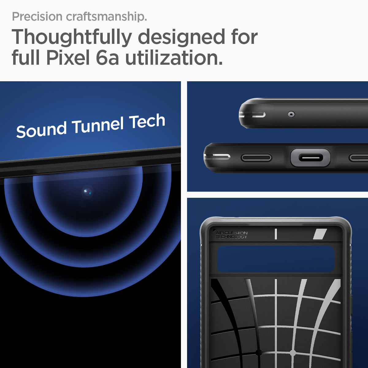 ACS04476 - Pixel 6a Case Rugged Armor in black precision craftsmanship. Thoughtfully designed for full Pixel 6a utilization. Sound tunnel tech.