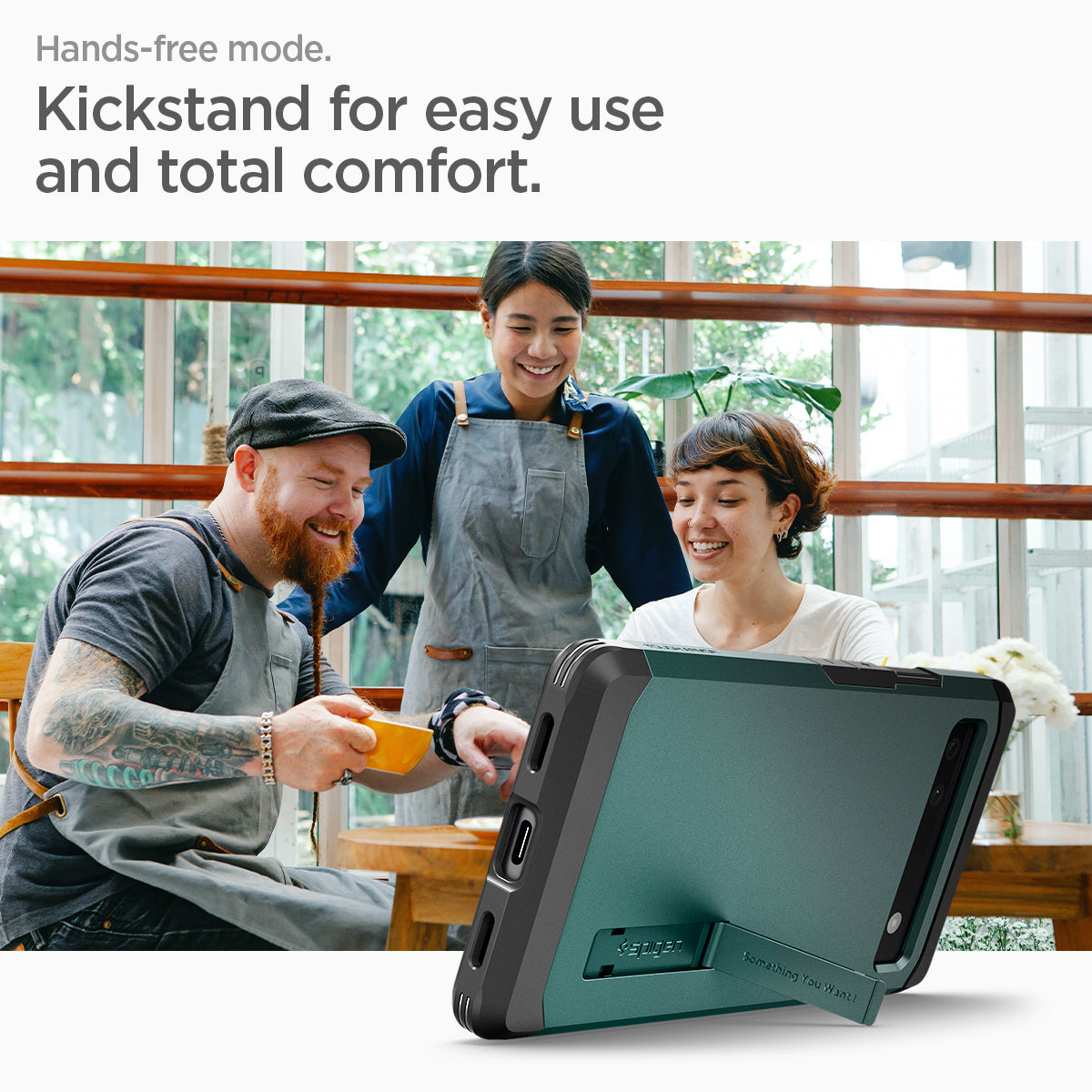 ACS04481 - Pixel 6a Case Tough Armor in midnight green  hands free mode. kick stand for easy use and total comfort.