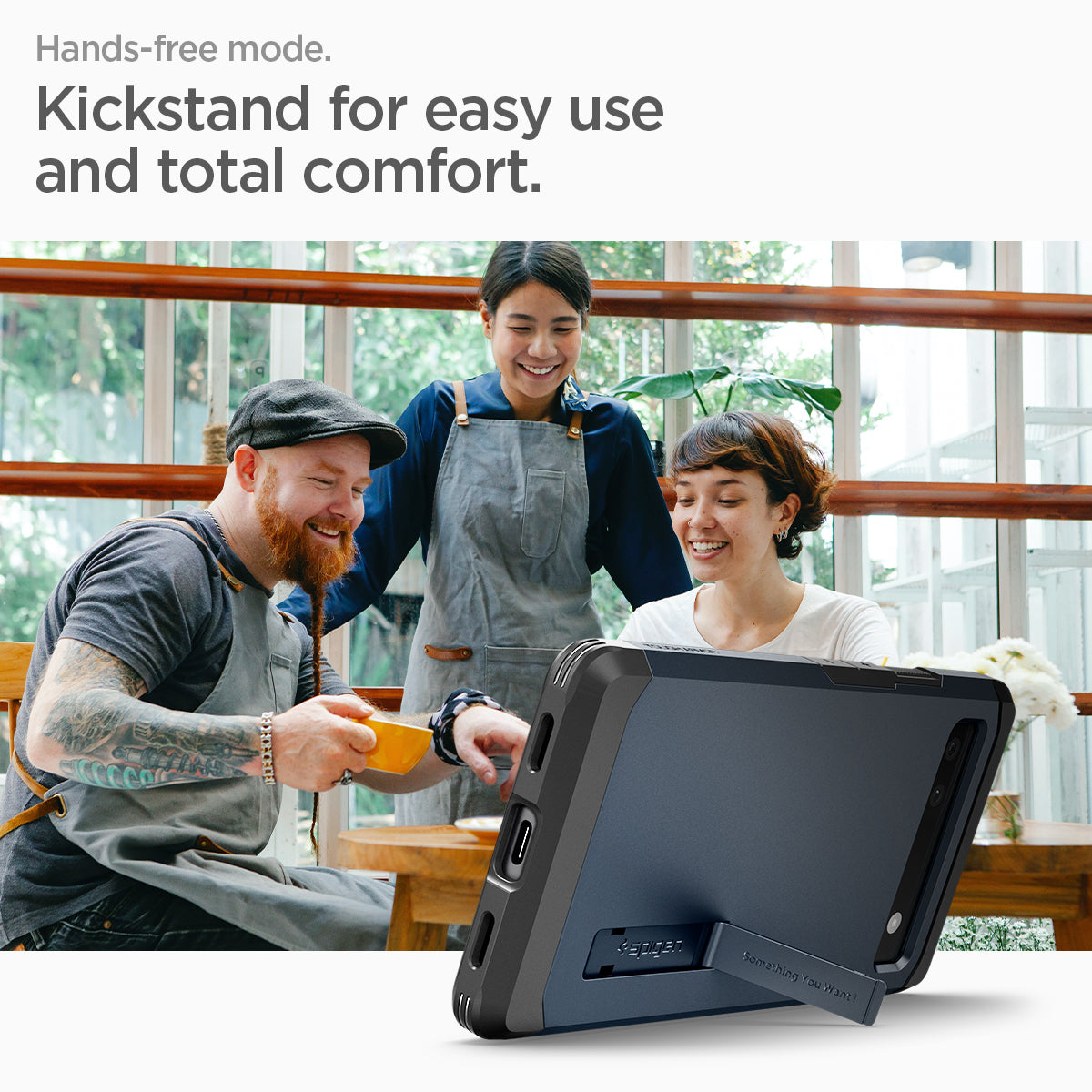 ACS04480 - Pixel 6a Case Tough Armor in metal slate hands free mode. kick stand for easy use and total comfort.