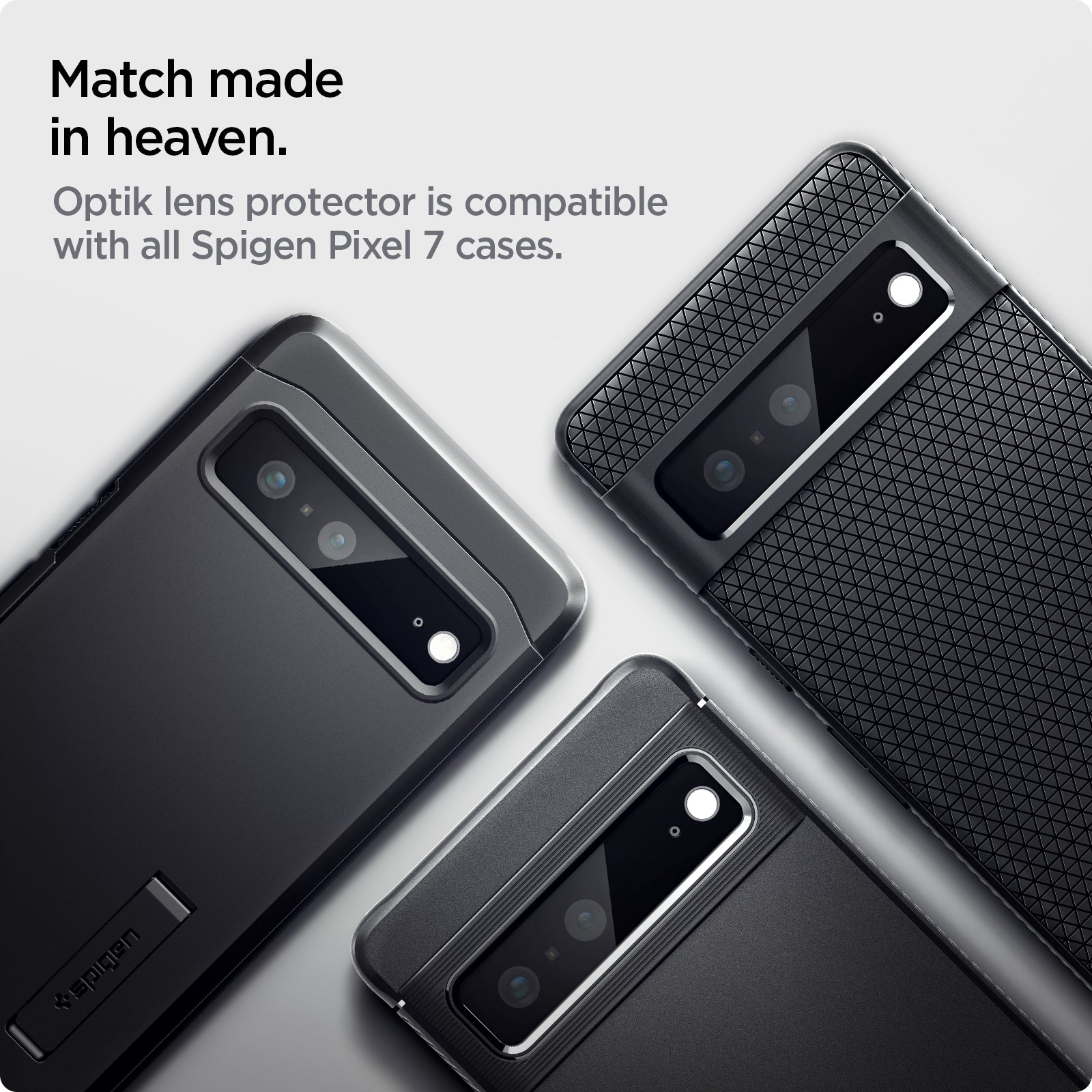 AGL05471 - Pixel 7 Optik Lens Protector in black match made in heaven. Optik lens protector is compatible with all Spigen pixel 7 pro cases.