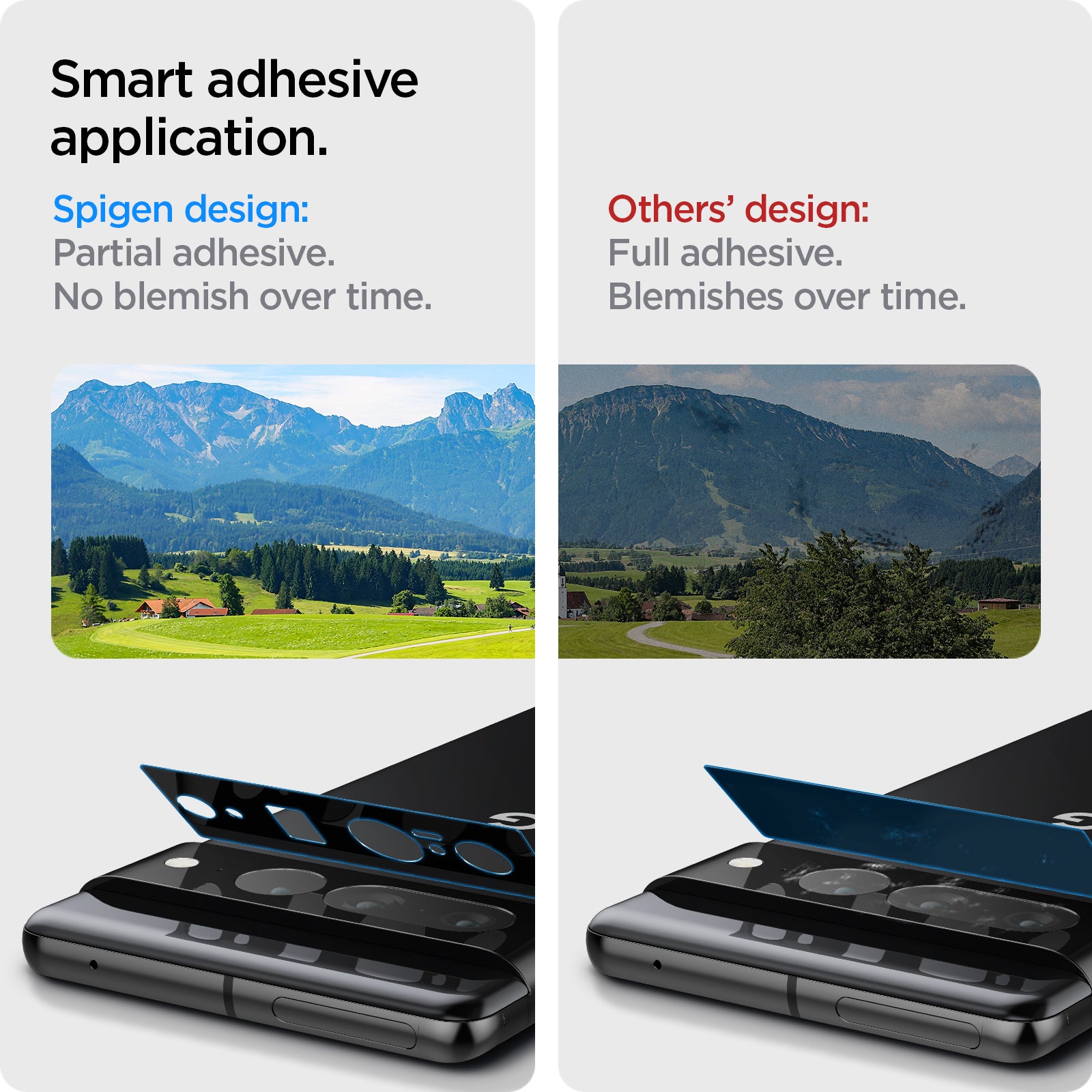AGL05470 - Pixel 7 Pro Optik Lens Protector in black smart adhensive application. Spigen design partial adhesive. No blemish over time.