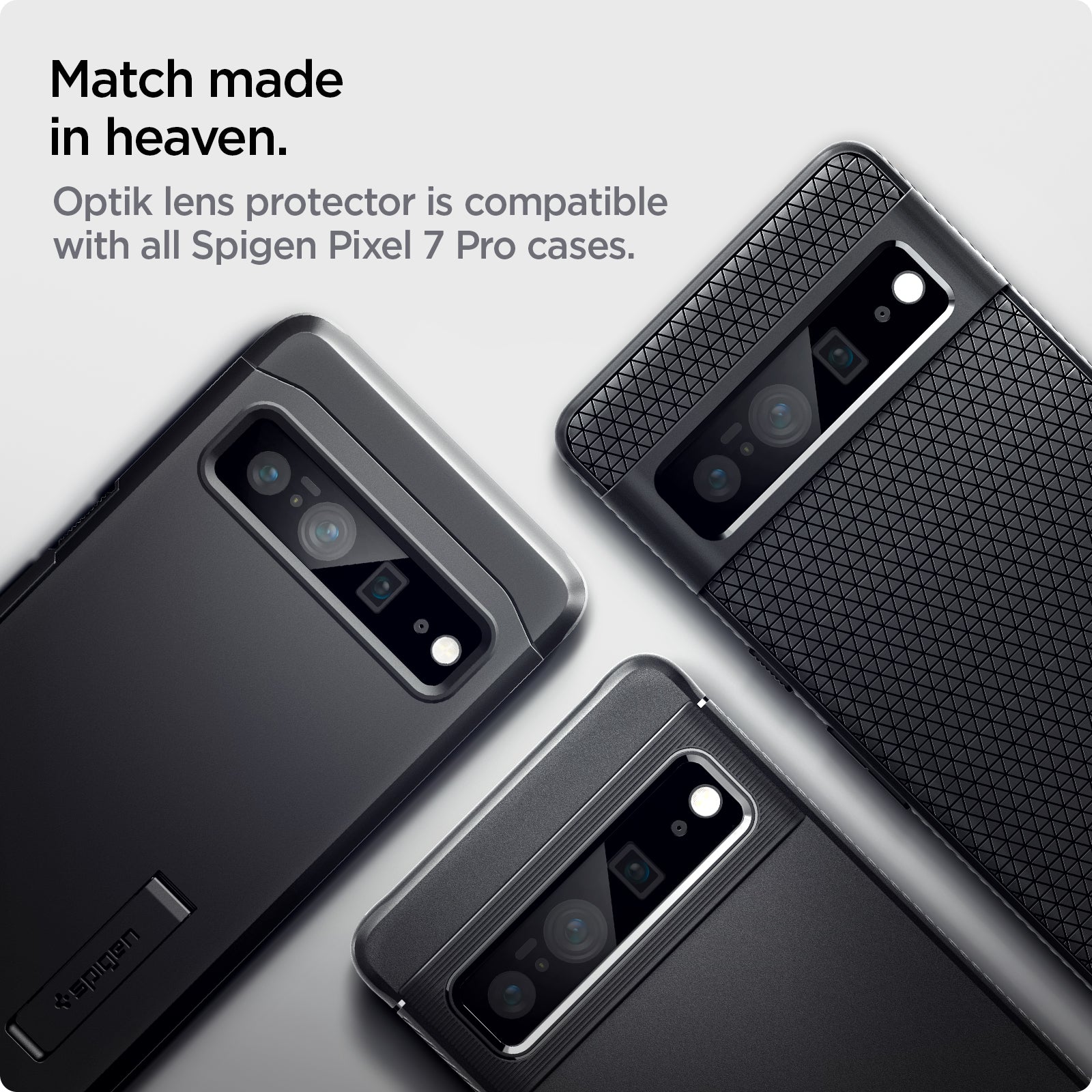 AGL05470 - Pixel 7 Pro Optik Lens Protector in black match made in heaven. Optik lens protector is compatible with all Spigen pixel 7 pro cases.