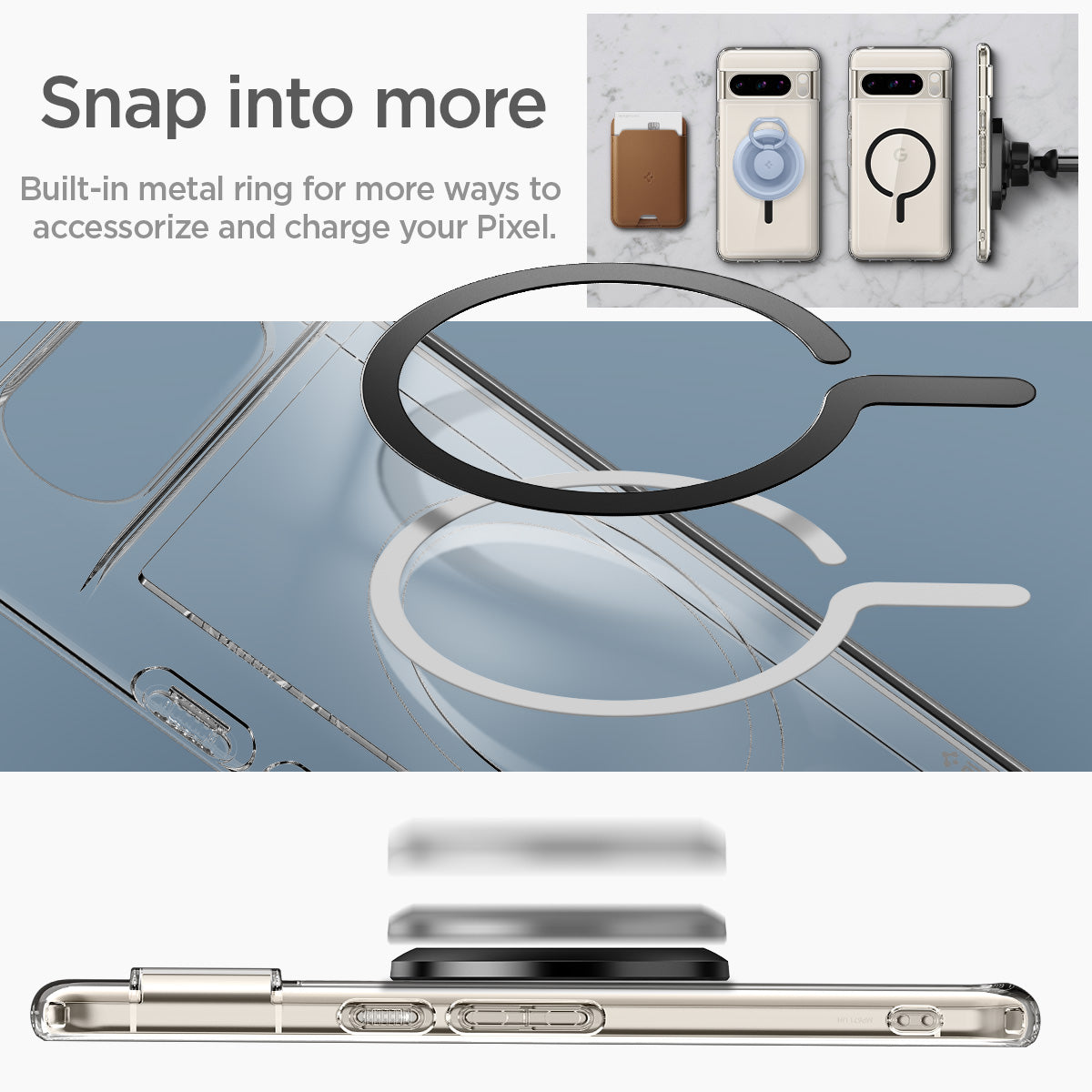 ACS06318 - Pixel 8 Pro Case Ultra Hybrid Metal Ring (MagFit) in black snap into more built in metal ring for move ways to accessorize and charge your pixel.