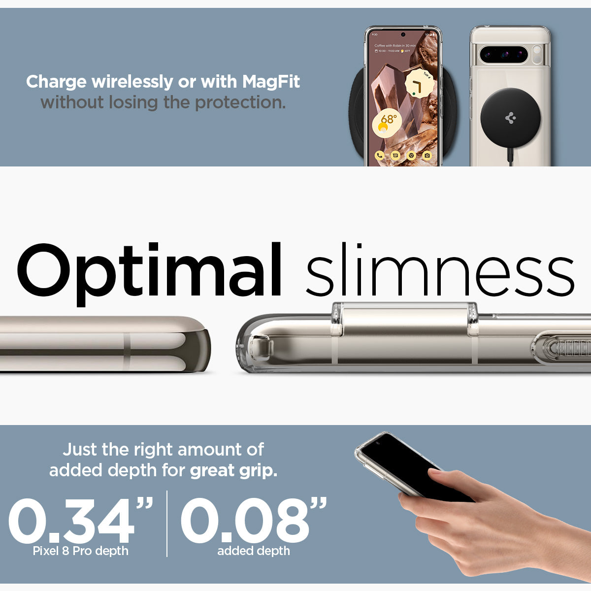 ACS06318 - Pixel 8 Pro Case Ultra Hybrid Metal Ring (MagFit) in black wirelessly charge or battery share without losing the protection. Optimal slimness. Just the right amount of added depth for great grip.