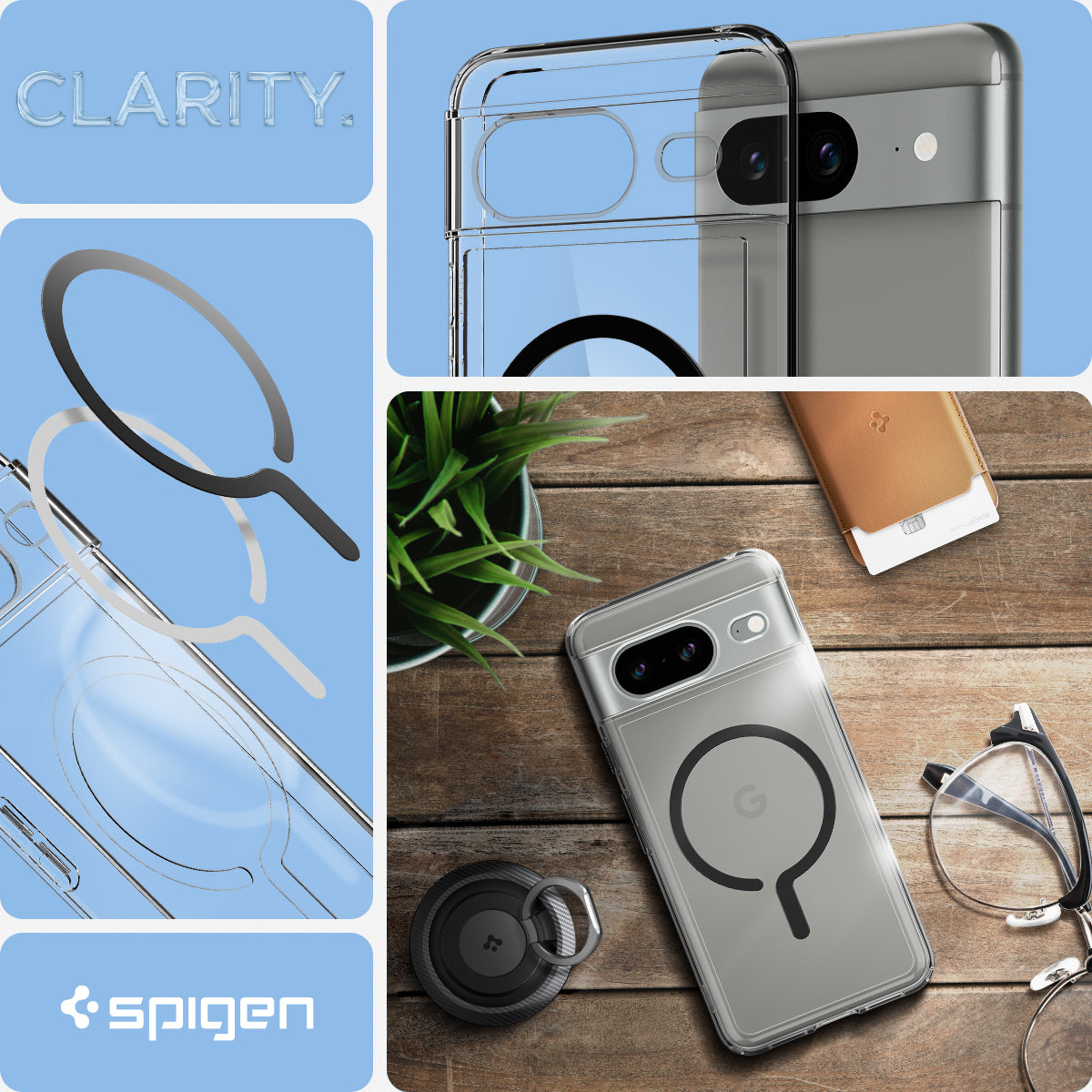 ACS06281 - Pixel 8 Case Ultra Hybrid Metal Ring (MagFit) in black clarity.