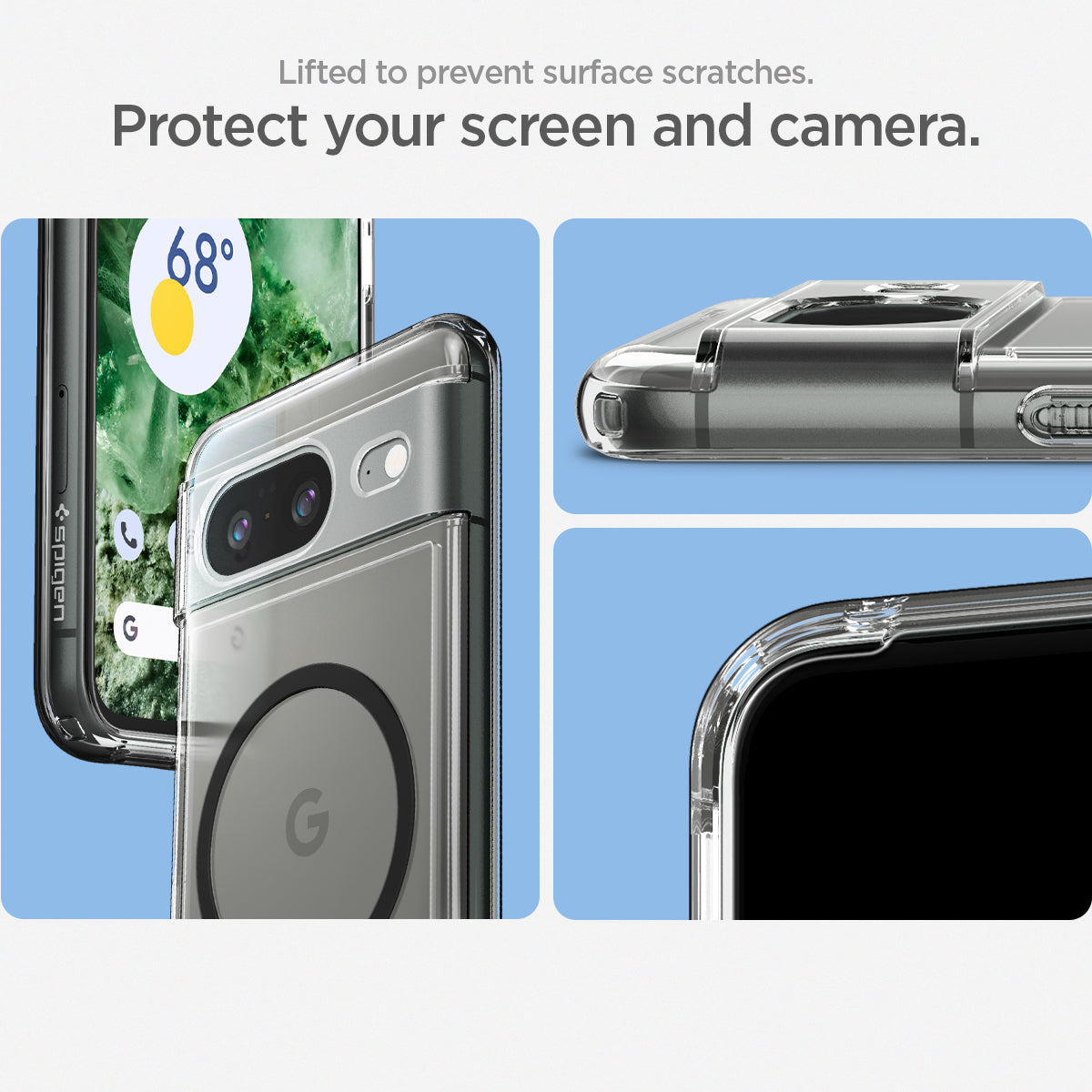ACS06281 - Pixel 8 Case Ultra Hybrid Metal Ring (MagFit) in black lifted to prevent surface scratches. protect your screen and camera.
