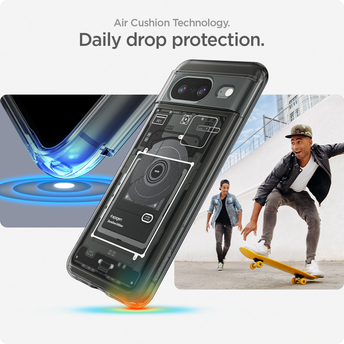 ACS06279 - Pixel 8 Case Ultra Hybrid Zero One showing the Air Cushion Technology. Daily drop protection