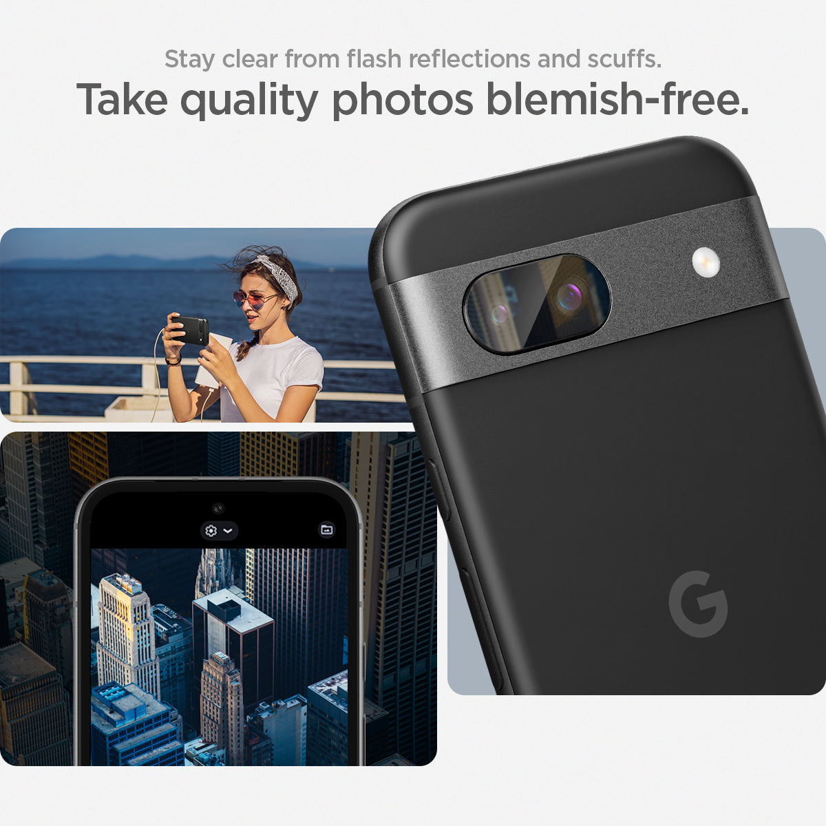 AGL07465 - Pixel 8a Optik EZ Fit Lens Protector in Crystal Clear stay clear from flash reflections and scuffs. take quality photos blemish free.