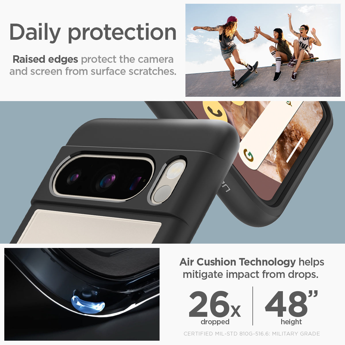 ACS06317 - Pixel 8 Pro Case Ultra Hybrid in matte black daily protection raised edges protect the camera and screen from surface scratches. Air cushion technology helps mitigate impact from drops.