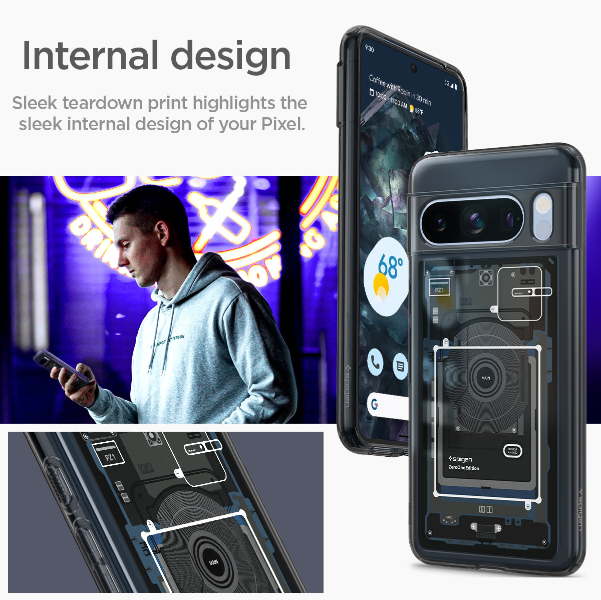 ACS06316 - Pixel 8 Pro Case Ultra Hybrid Zero One internal design. Sleek teardown print highlights the sleek internal design of your pixel.