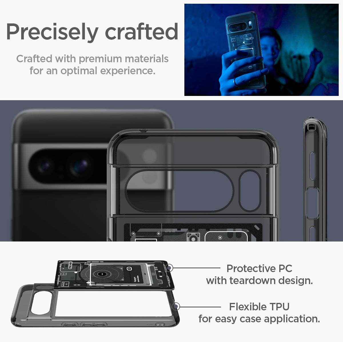 ACS06316 - Pixel 8 Pro Case Ultra Hybrid Zero One precisely crafted. crafted with premium materials for an optimal experience. Protective PC with teardown design. Flexible TPU for easy case application.