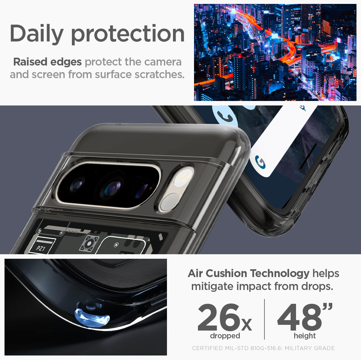 ACS06316 - Pixel 8 Pro Case Ultra Hybrid Zero One daily protection raised edges protect the camera and screen from surface scratches. Air cushion technology helps mitigate impact from drops.
