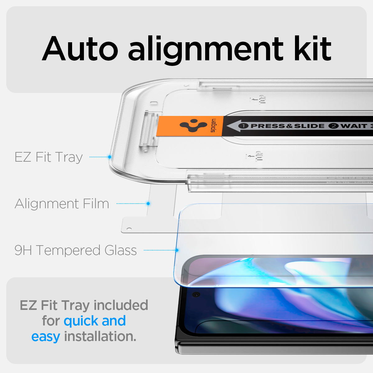 AGL09106 - Pixel 9 Pro Fold GLAS.tR EZ Fit in Clear auto alignment kit, ez fit tray alignment film 9h tempered glass. EZ fit tray included for quick and easy installation.