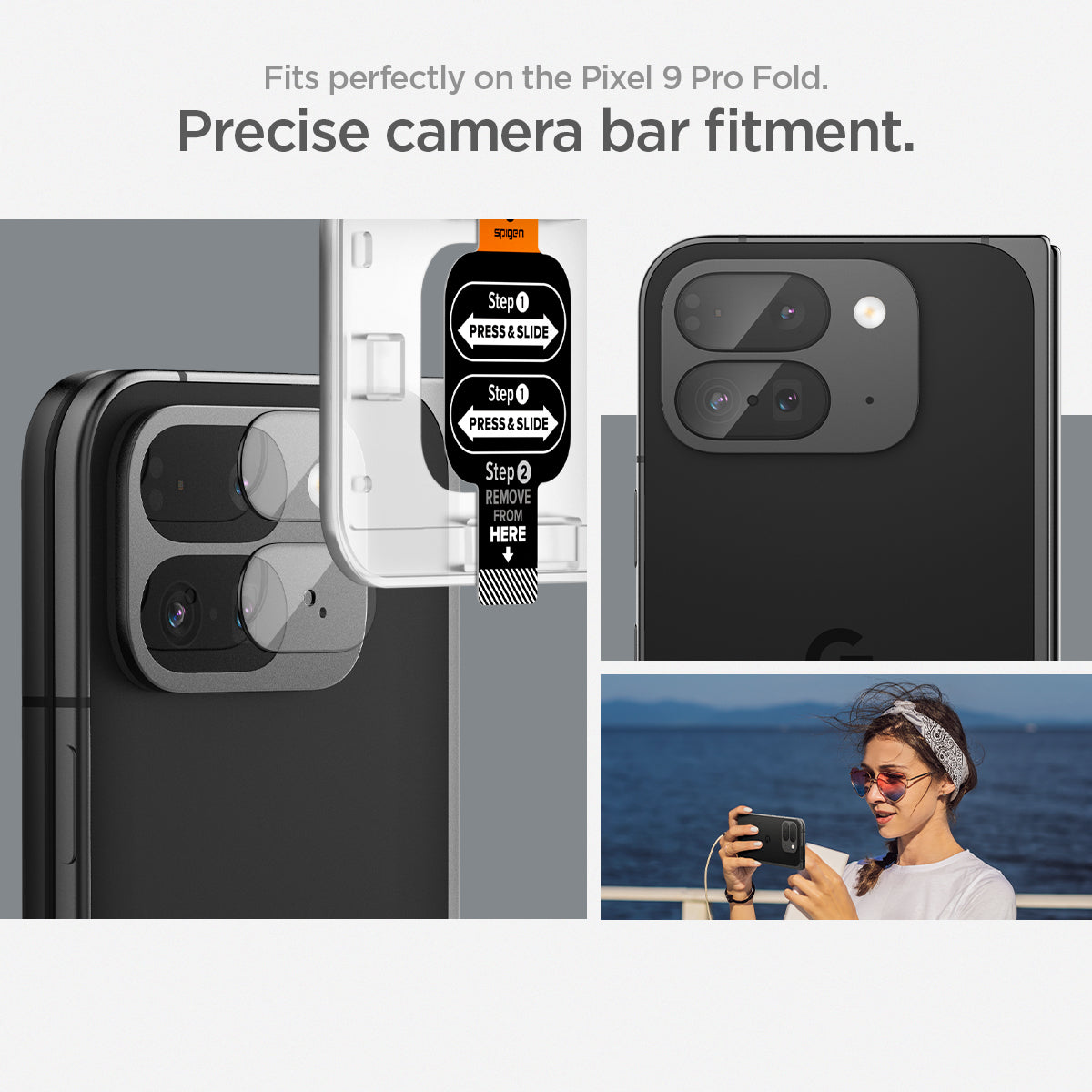 AGL09107 - Pixel 9 Pro Fold Optik EZ Fit Lens Protector in Crystal Clear fits perfectly on the pixel 9 pro xl. precise camera bar fitment.