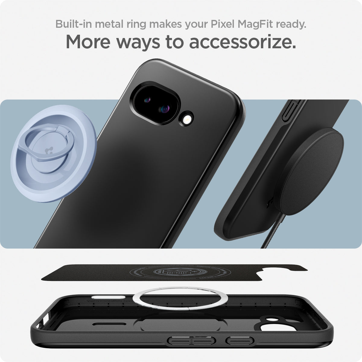 ACS09037 - Pixel 9a Case Thin Fit (MagFit) in Black showing the built-in metal ring that makes your Pixel MagFit ready. More ways to accessorize
