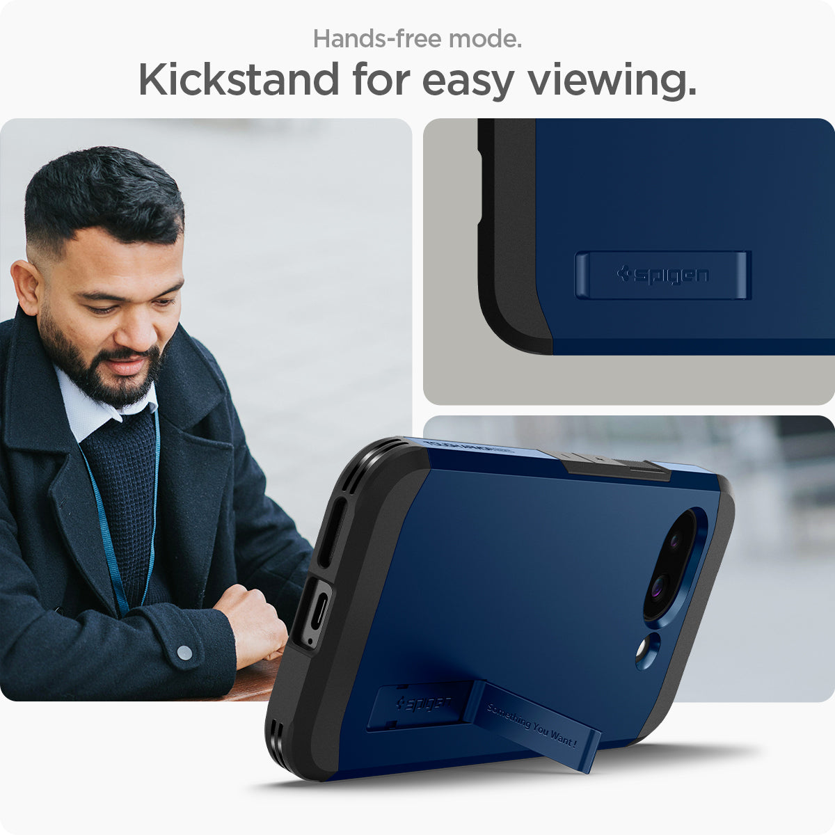 ACS09047 - Pixel 9a Case Tough Armor AI (MagFit) in Navy Blue showing the Hands-free mode. Kickstand for easy viewing