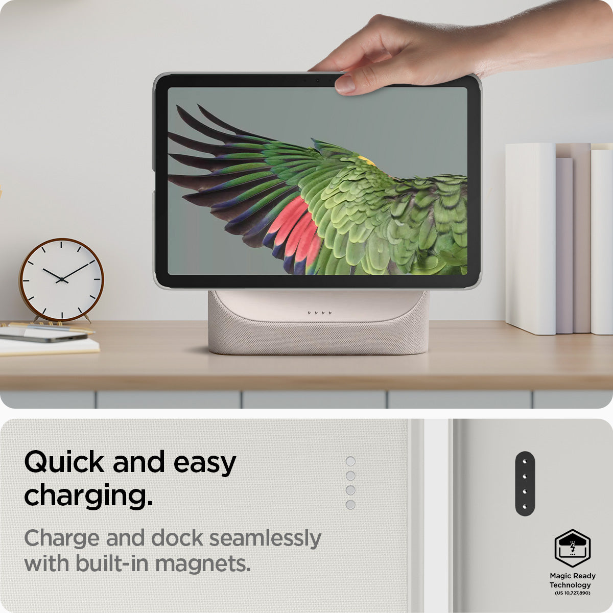 ACS06924 - Pixel Tablet Case Thin Fit Pro in gray showing the quick and easy charging. Charge and dock seamlessly with built-in magnets