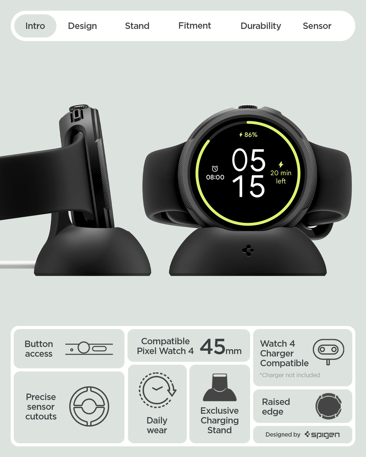 ACS11222 - Pixel Watch 4 (45mm) Case Liquid Air in black showing the details. Button access, precise sensor cutouts, exclusive charging stand and compatibility with Pixel Watch 4 45mm