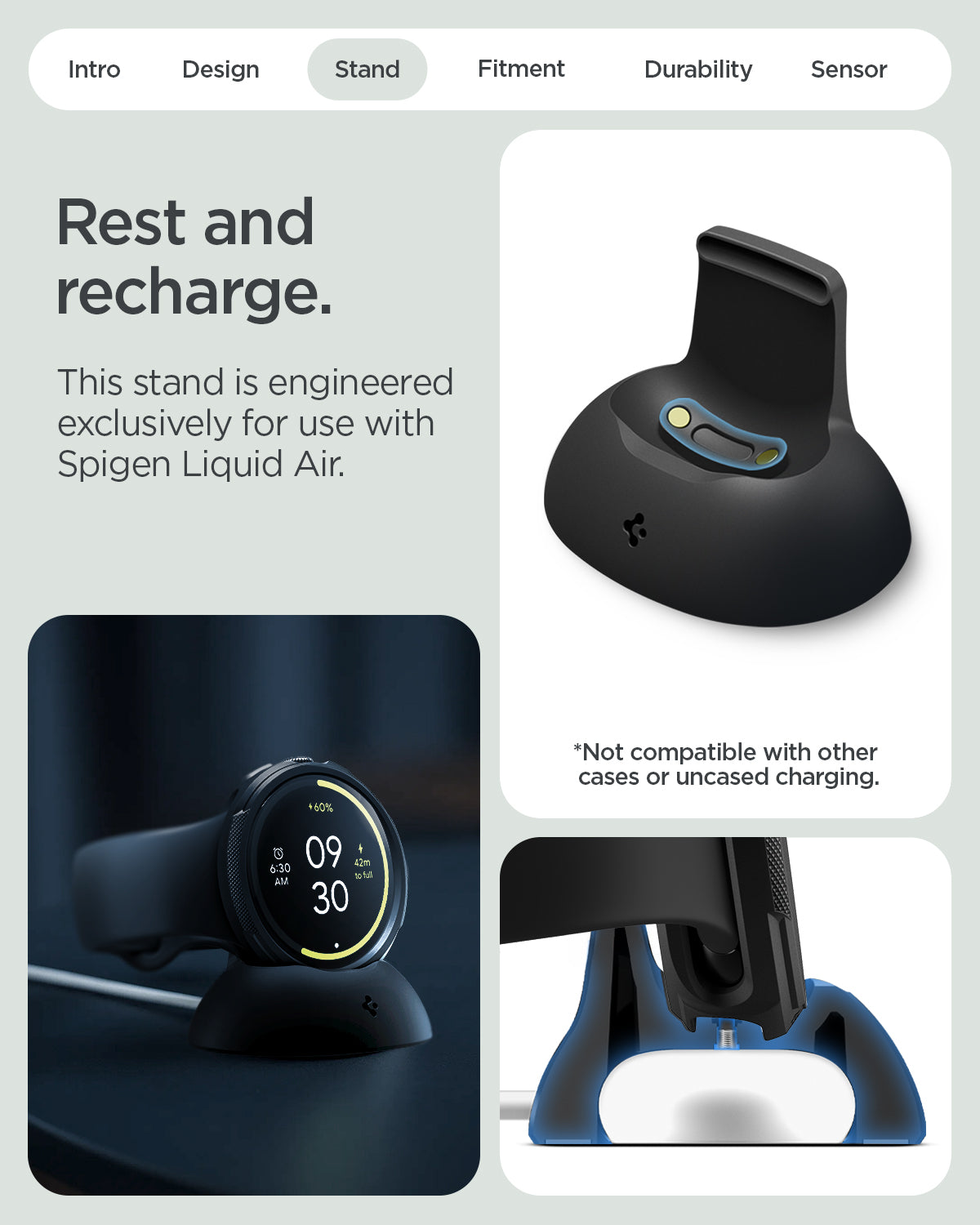 ACS09483 - Pixel Watch 5 (41mm) Liquid Air Matte Black showing the rest and recharge. This stand is engineered exclusively for use with Spigen liquid air. Not compatible with other cases or uncased charging