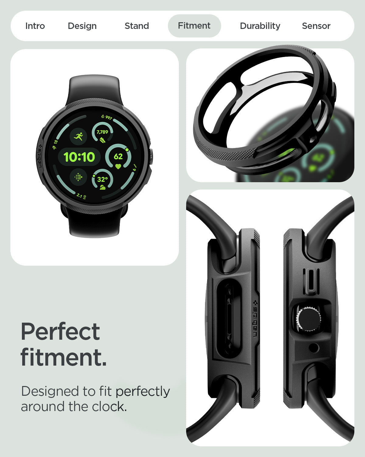 ACS09483 - Pixel Watch 5 (41mm) Liquid Air Matte Black showing the prefect fitment. Designed to fit perfectly around the clock