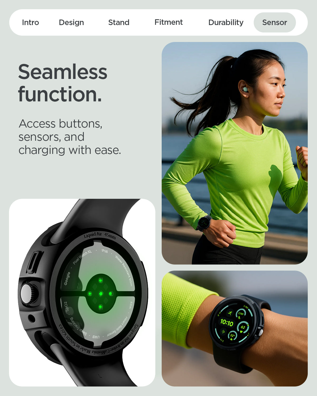 ACS11222 - Pixel Watch 5 (45mm) Liquid Air Matte Black showing the seamless function. Access buttons, sensors and charging with ease