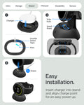 ACS11222 - Pixel Watch 5 (45mm) Liquid Air Matte Black showing easy installation. lnsert charger into stand and align charge point for an easy power up.