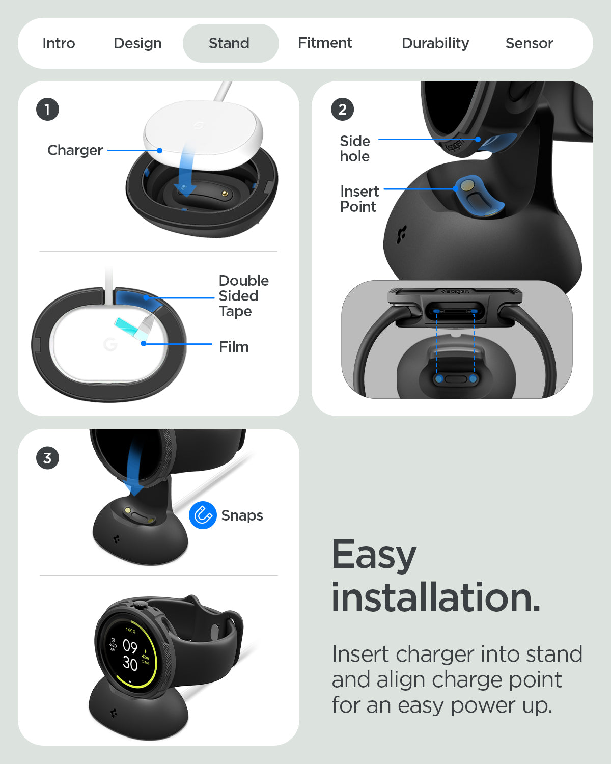 ACS09483 - Pixel Watch 5 (41mm) Liquid Air Matte Black showing easy installation. lnsert charger into stand and align charge point for an easy power up.