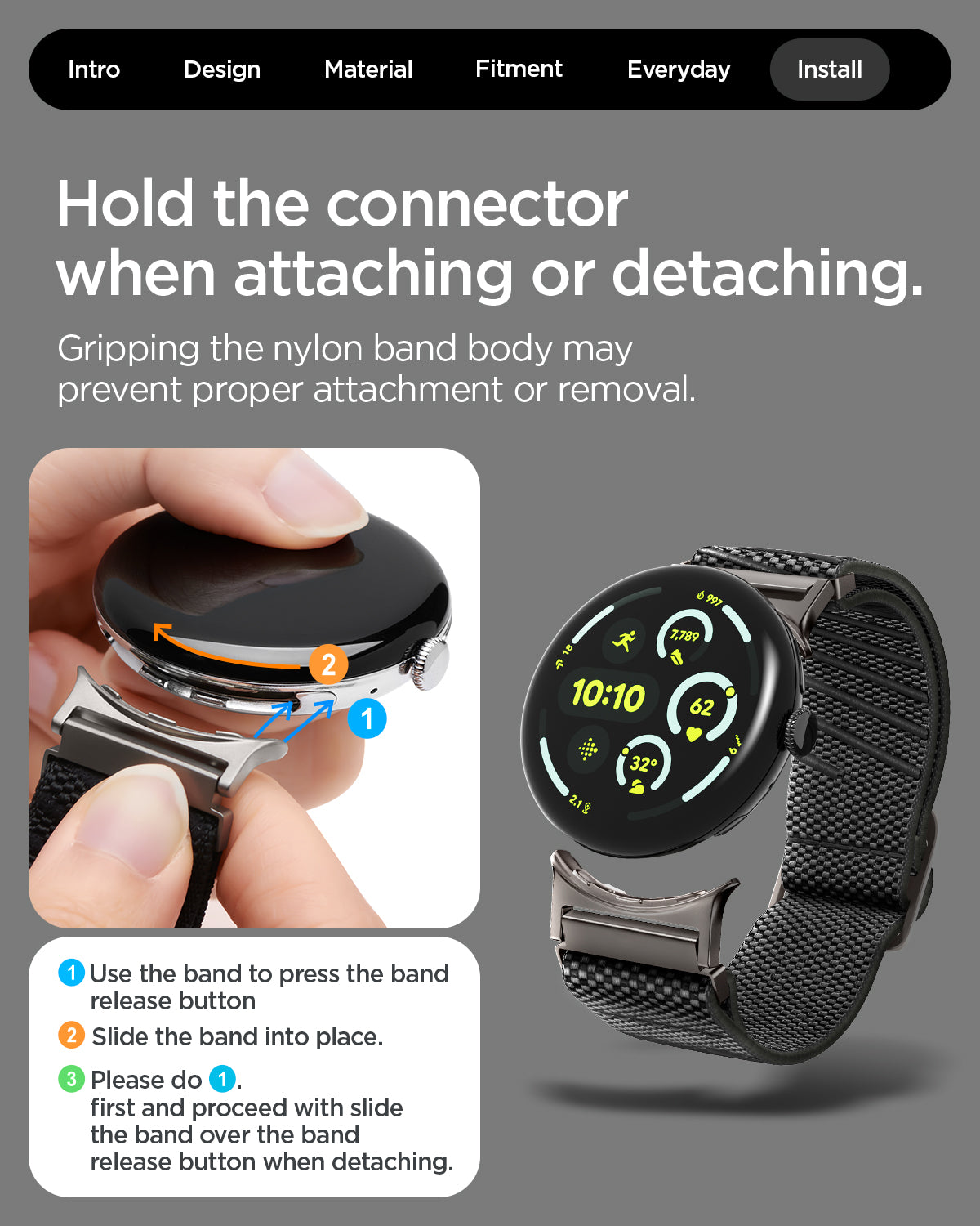 AMP11421 - Pixel Watch 5 (45mm) Lite Fit X Black showing the hold the connector when attaching or detaching