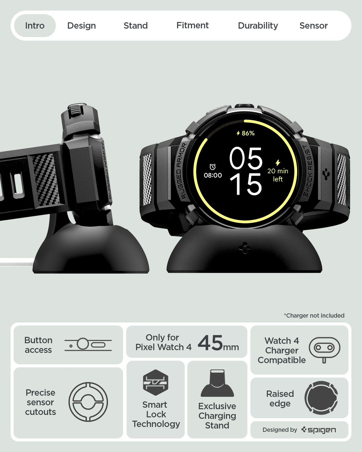 ACS11223 - Pixel Watch 4 (45mm) Band Rugged Armor Pro in black showing the details. Button access, precise sensor cutouts, smart lock technology, exclusive charging stand and compatible with Pixel Watch 4 45mm