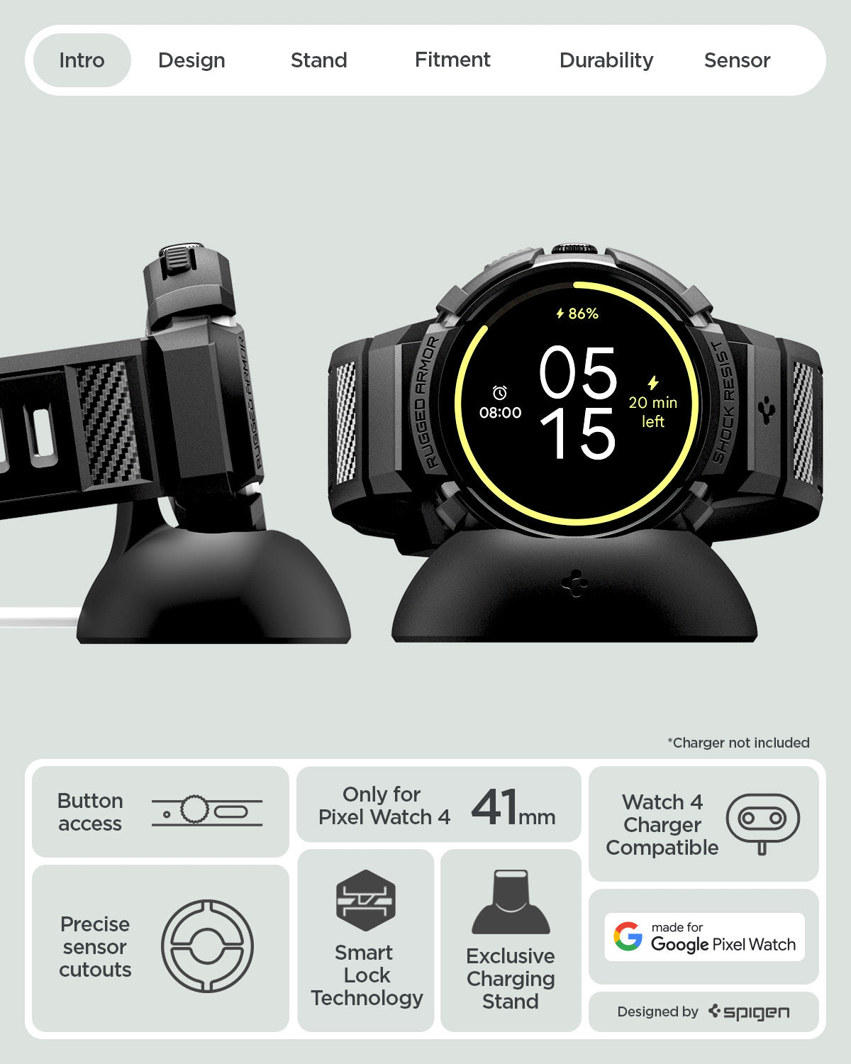 ACS09484 - GWdda Band Rugged Armor Pro in black showing the details. Button access, precise sensor cutouts, smart lock technology, exclusive charging stand and compatibility with Pixel Watch 4 41mm