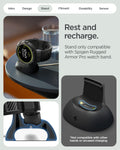 ACS09484 - GWdda Band Rugged Armor Pro in black showing the rest and recharge. Stand only compatible with Spigen rugged armor pro watch band. Not compatible with other bands or uncased charging