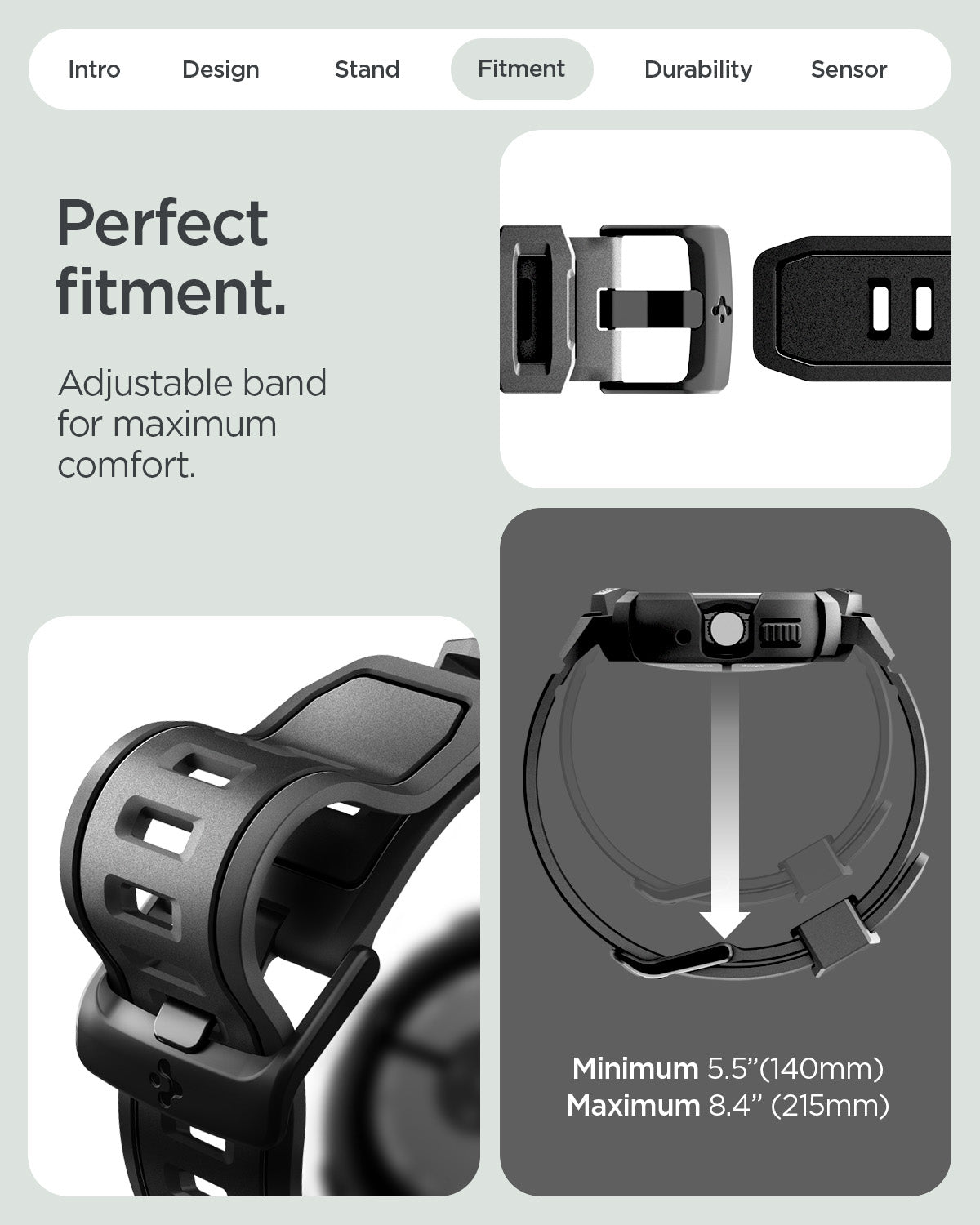 ACS09484 - Pixel Watch 5 (41mm) Rugged Armor Pro Black showing the perfect fitment. Adjustable band for maximum comfort