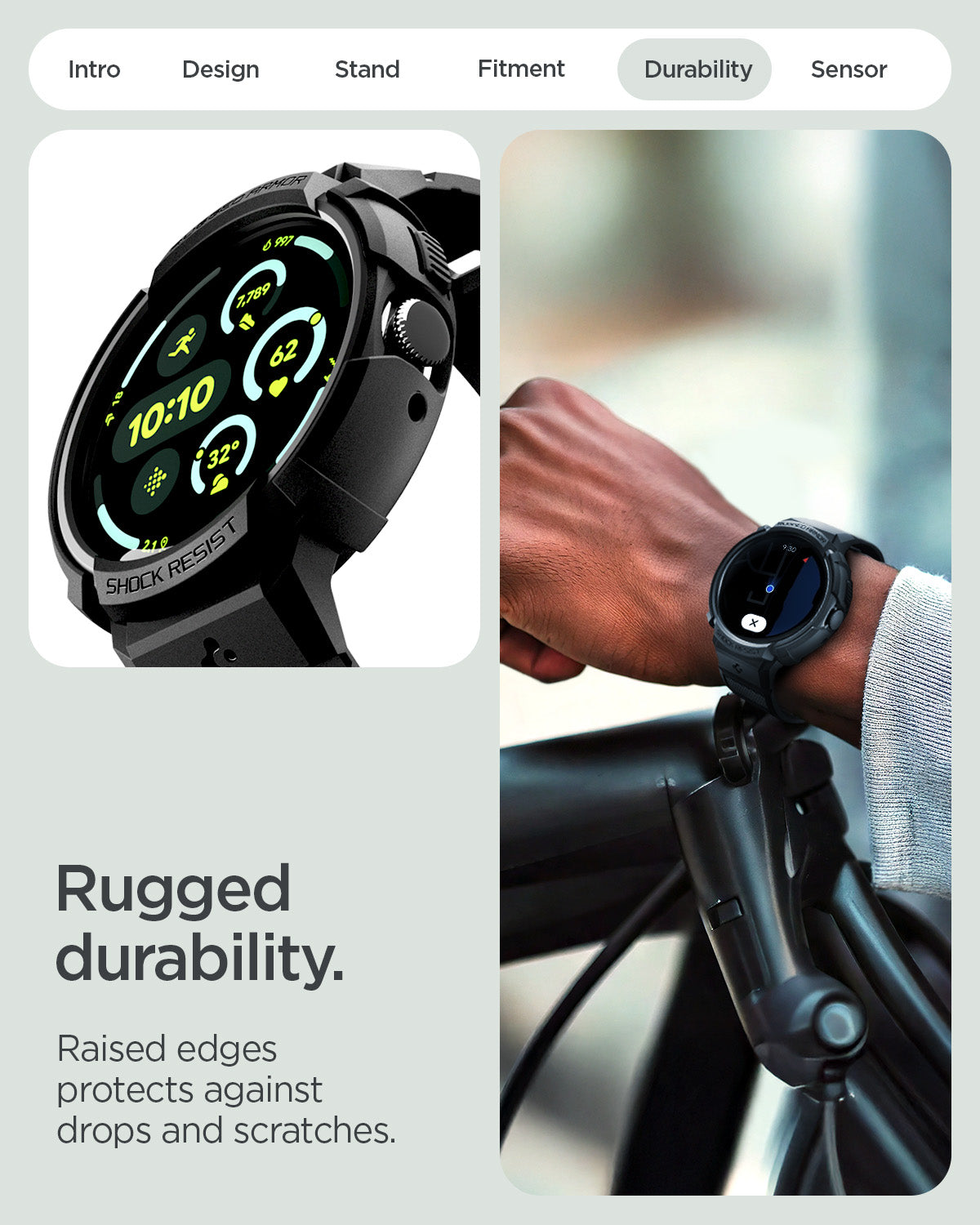ACS09484 - Pixel Watch 5 (41mm) Rugged Armor Pro Black showing the rugged durability. Raised edges protects against drops and scratches