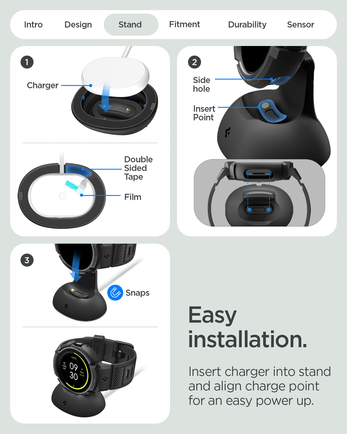 ACS09484 - Pixel Watch 5 (41mm) Rugged Armor Pro Black showing easy installation. insert charger into stand and align charge point for an easy power up