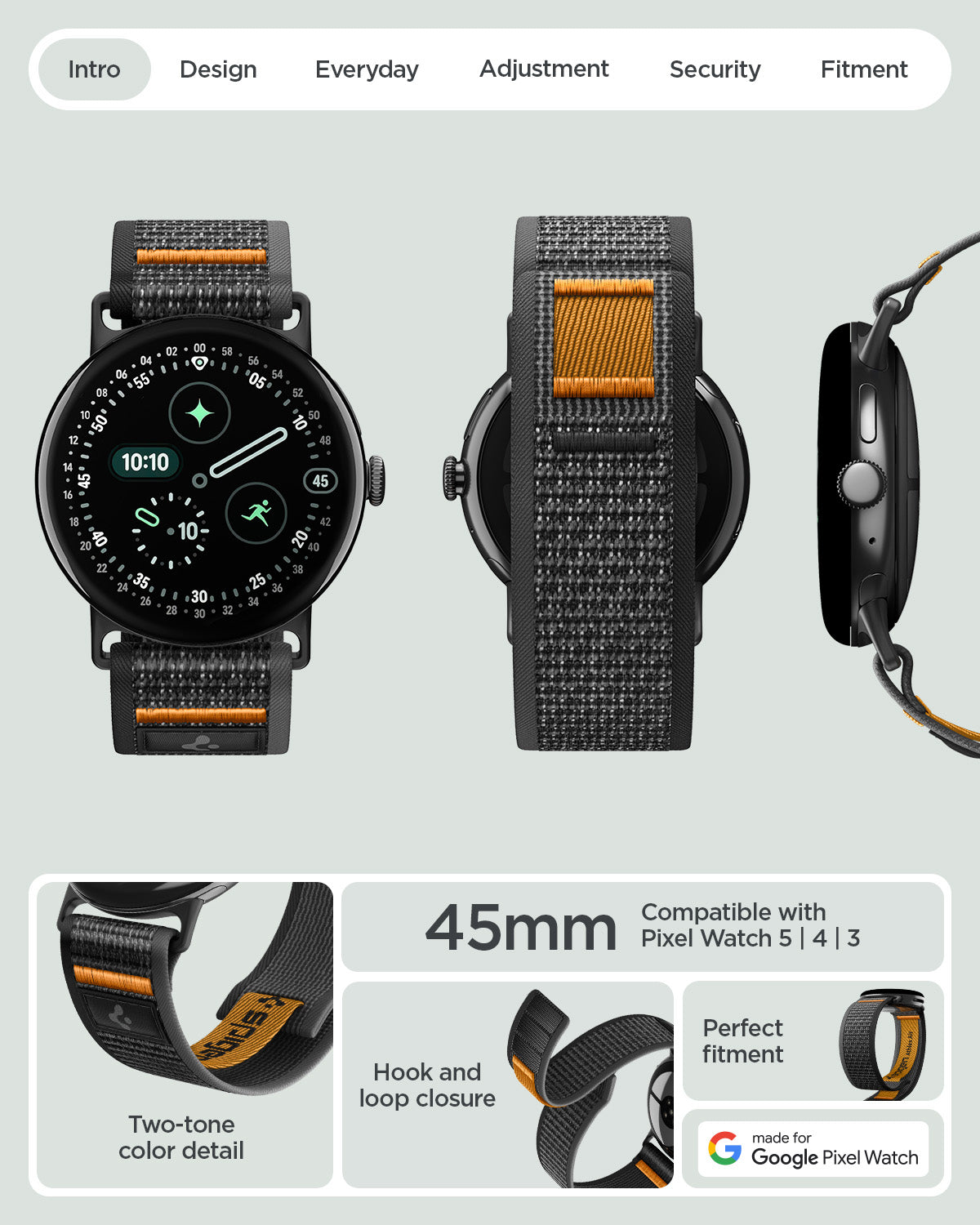 AMP11747 - Pixel Watch 5 (45mm) Athlex Air Active Black Orange multiple product angles showcase the overall design and secure attachment system.