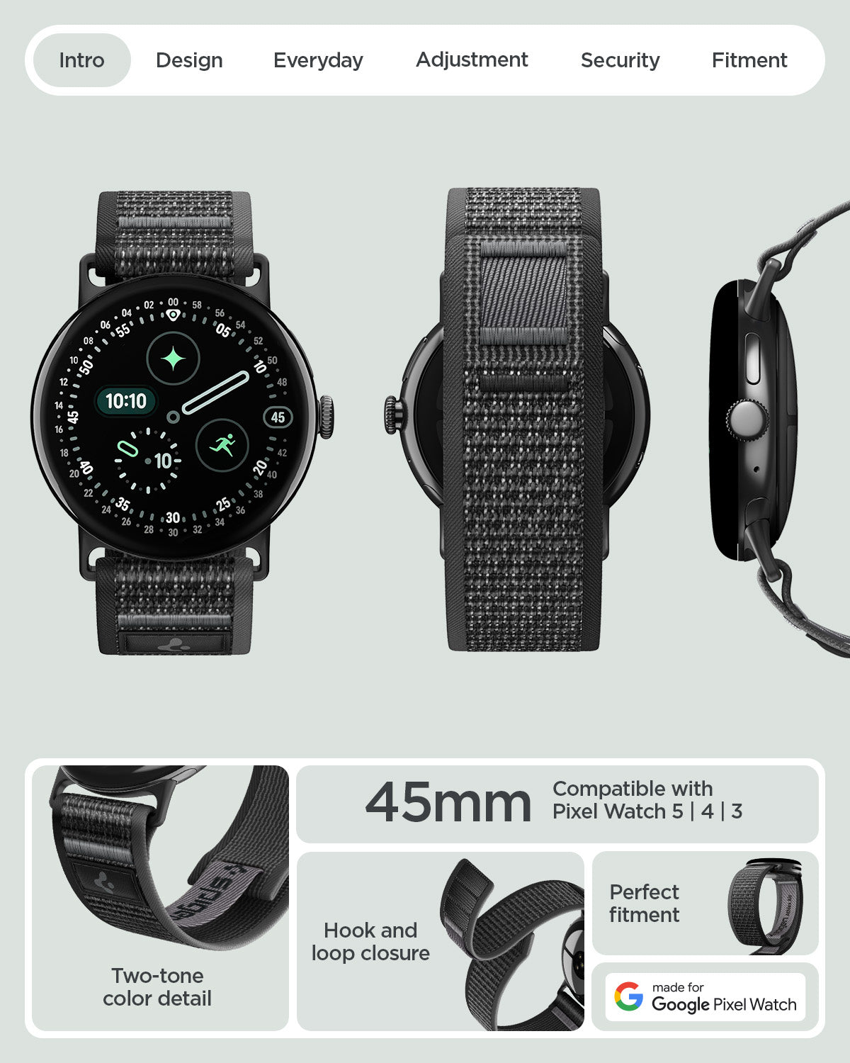 AMP11749 - Pixel Watch 5 (45mm) Athlex Air Active Black Gray multiple product angles showcase the overall design and secure attachment system.