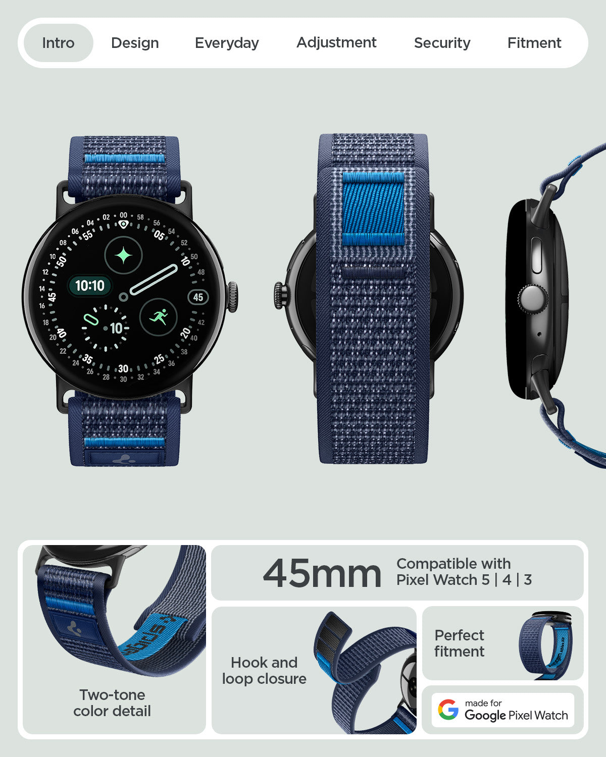 AMP11748 - Pixel Watch 5 (45mm)  Athlex Air Active Navy Blue multiple product angles showcase the overall design and secure attachment system.
