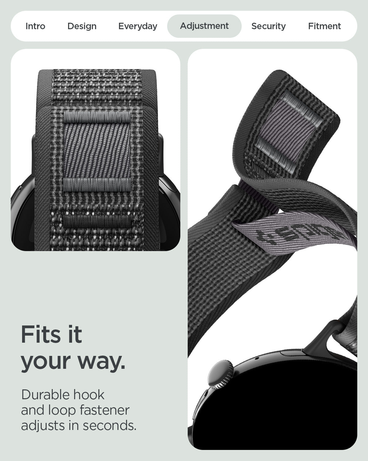 AMP11749 - Pixel Watch 5 (45mm) Athlex Air Active Black Gray hook and loop fastener allows quick, secure, and precise adjustment.
