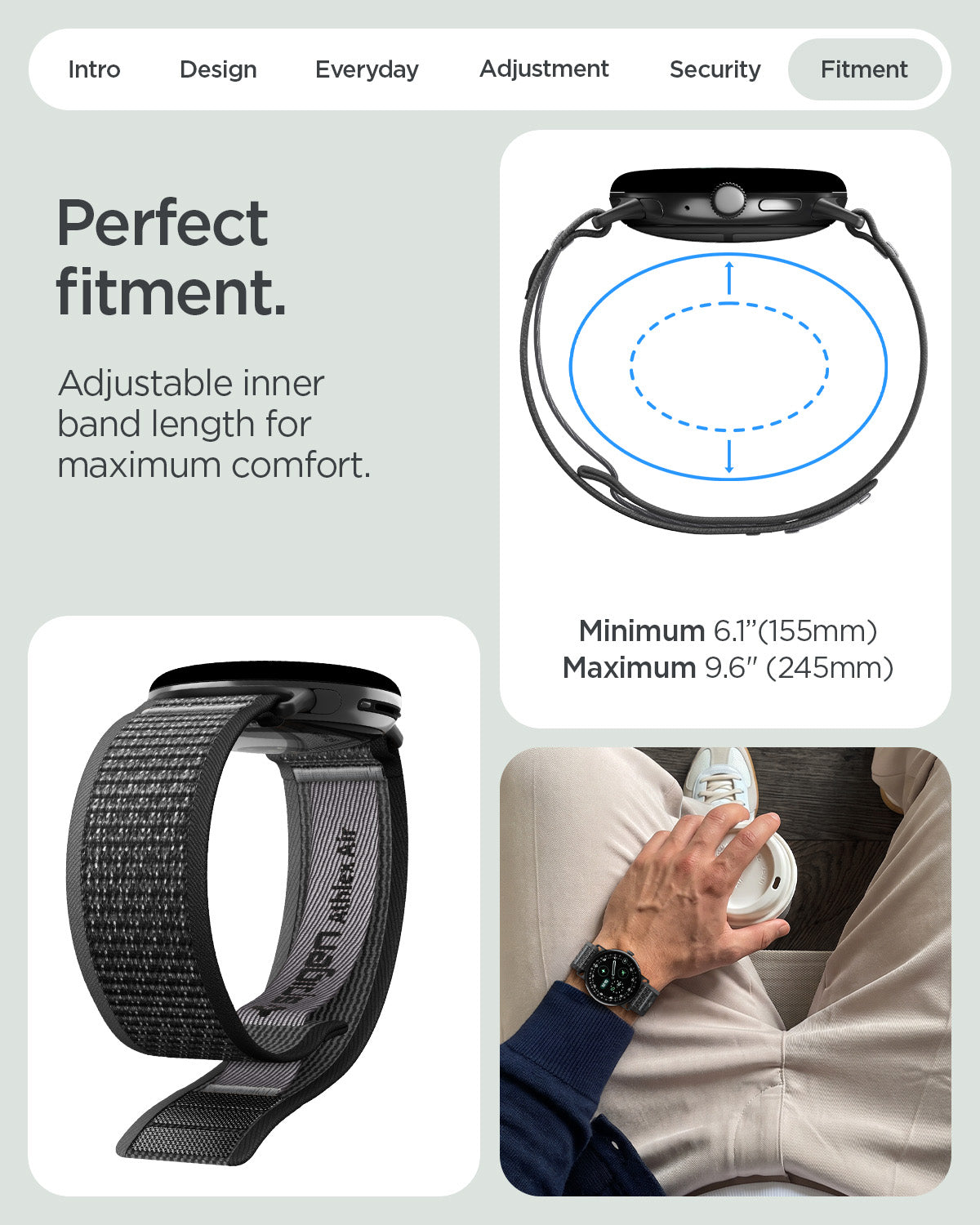 AMP11749 - Pixel Watch 5 (45mm) Athlex Air Active Black Gray adjustable design accommodates a wide range of wrist sizes for a customized fit.
