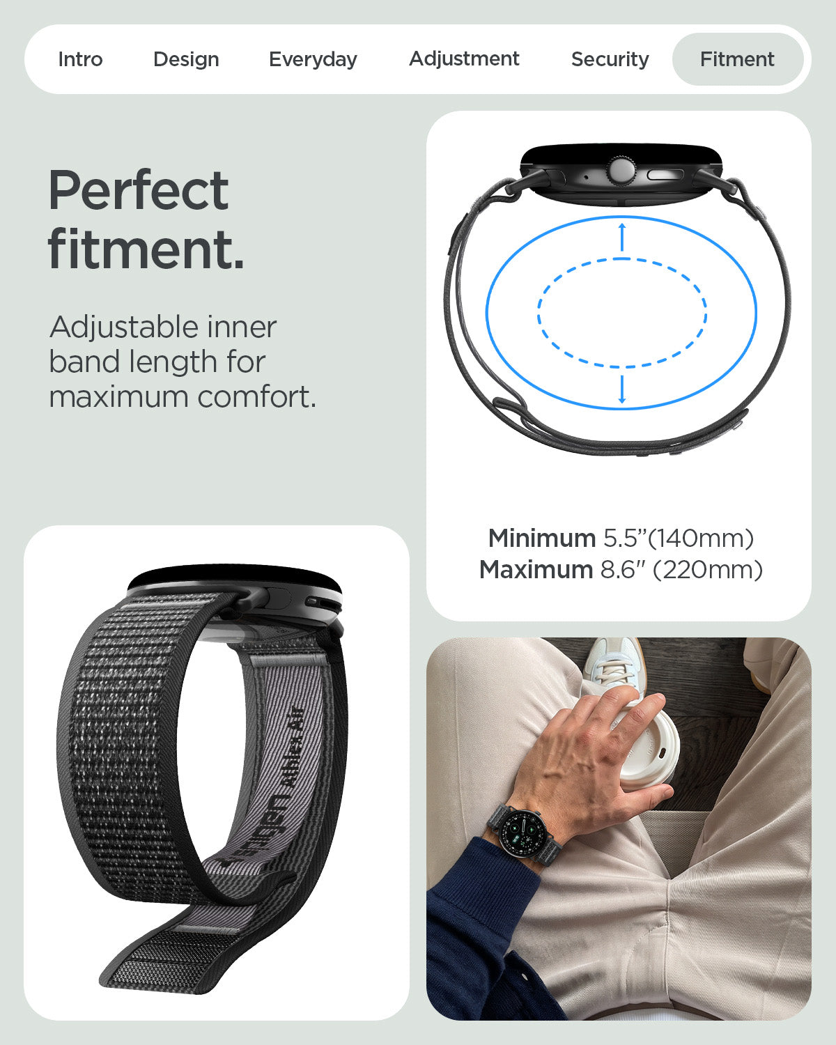 AMP11753 - Pixel Watch 5 (41mm) Athlex Air Active Black Gray adjustable design accommodates a wide range of wrist sizes for a customized fit.