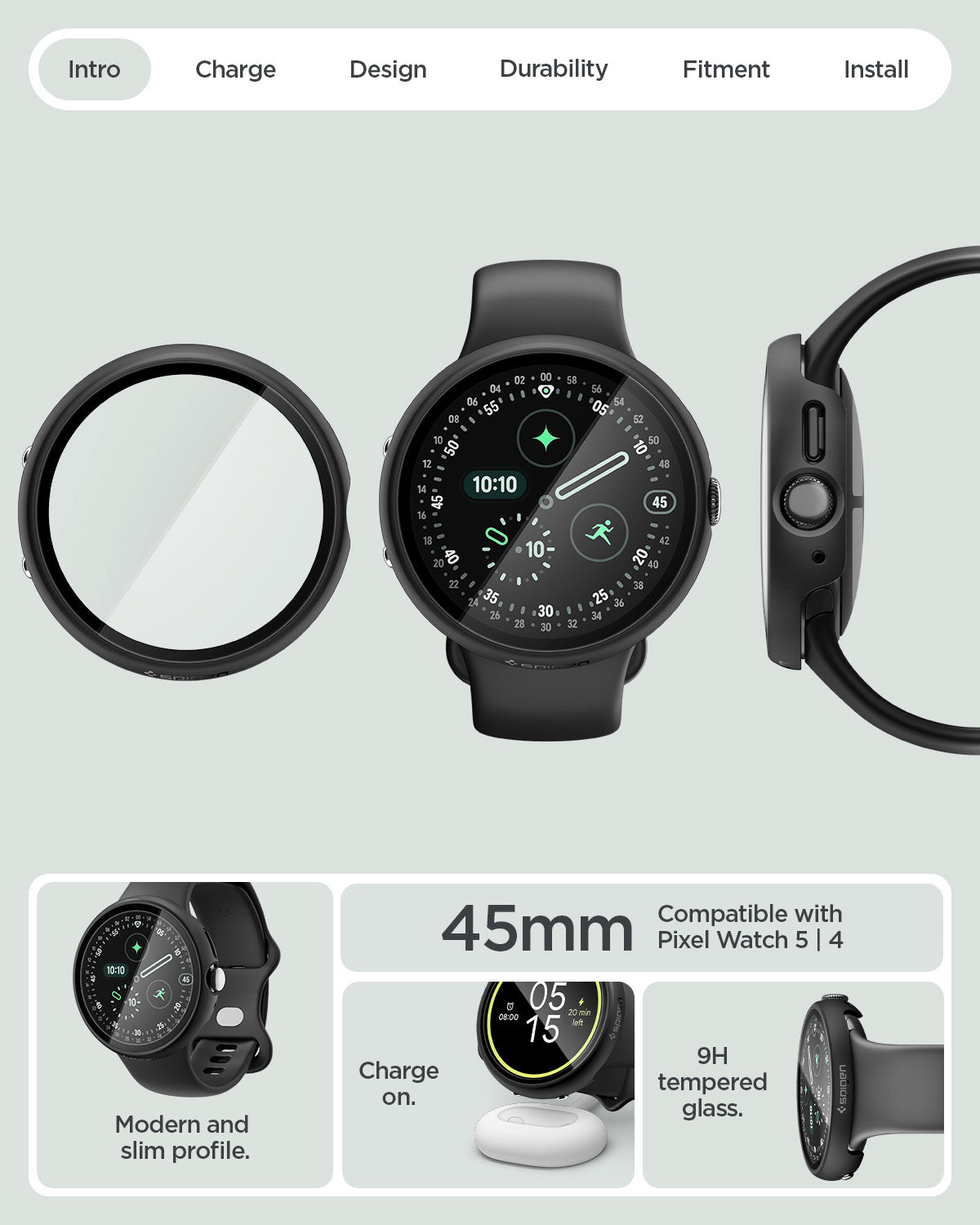 ACS11746 - Pixel Watch 5 (45mm) Thin Fit 360 Black multiple product views showcase the minimalist design, built-in screen protector, charging compatibility, and precise fit.