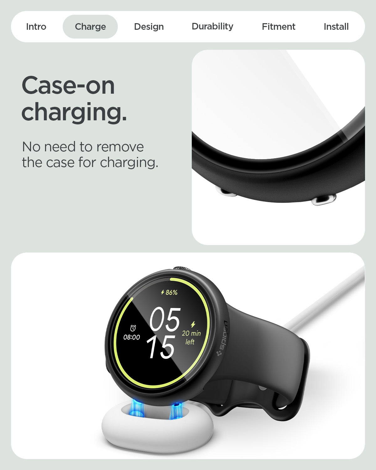 ACS11746 - Pixel Watch 5 (45mm) Thin Fit 360 Black front, side, and protective case views highlight the slim profile, wireless charging compatibility, integrated tempered glass screen protector, and secure all-around protection.