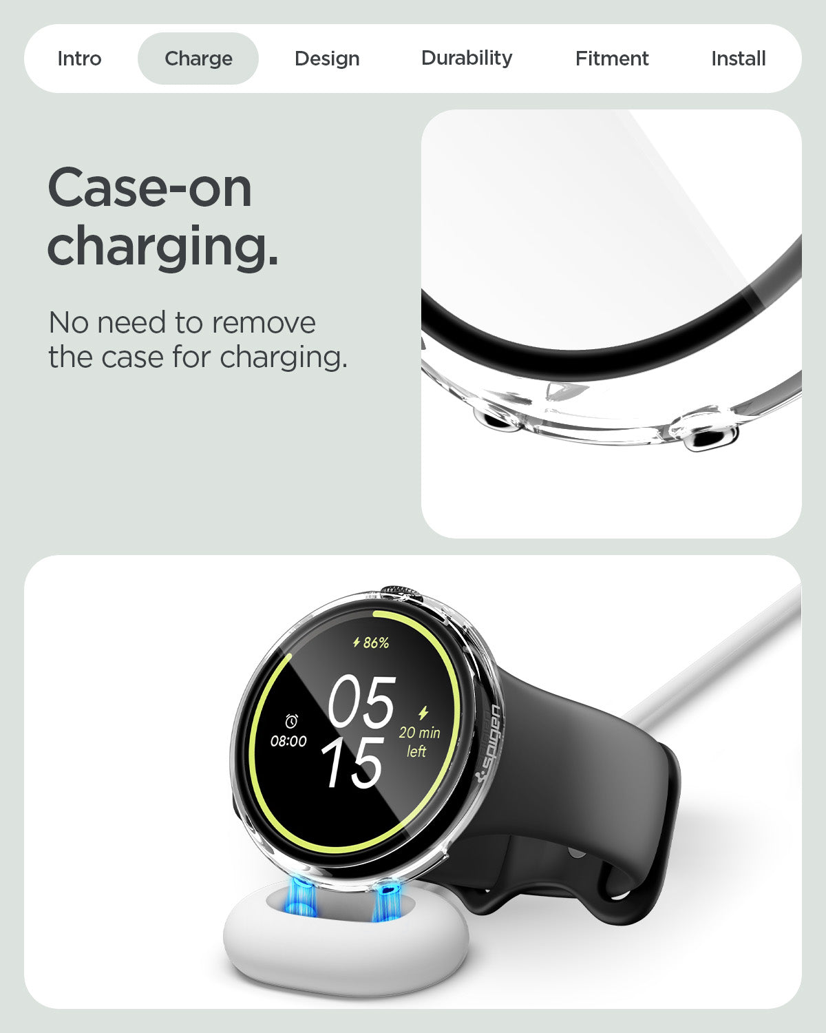 ACS11960 - Pixel Watch 5 (41mm) Thin Fit 360 Crystal Clear front, side, and protective case views highlight the slim profile, wireless charging compatibility, integrated tempered glass screen protector, and secure all-around protection.