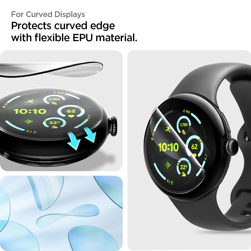 AFL08524 - Pixel Watch 3 (41mm) EliteShield EZ Fit in Clear for curved displays. protects curved edge with flexible EPU material.