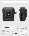 ACS09481 - GBAb Case Lock Fit in black showing the case overview. Button access, grooved for easy opening, carabiner, adhesive, hole cutouts and wireless charging compatible