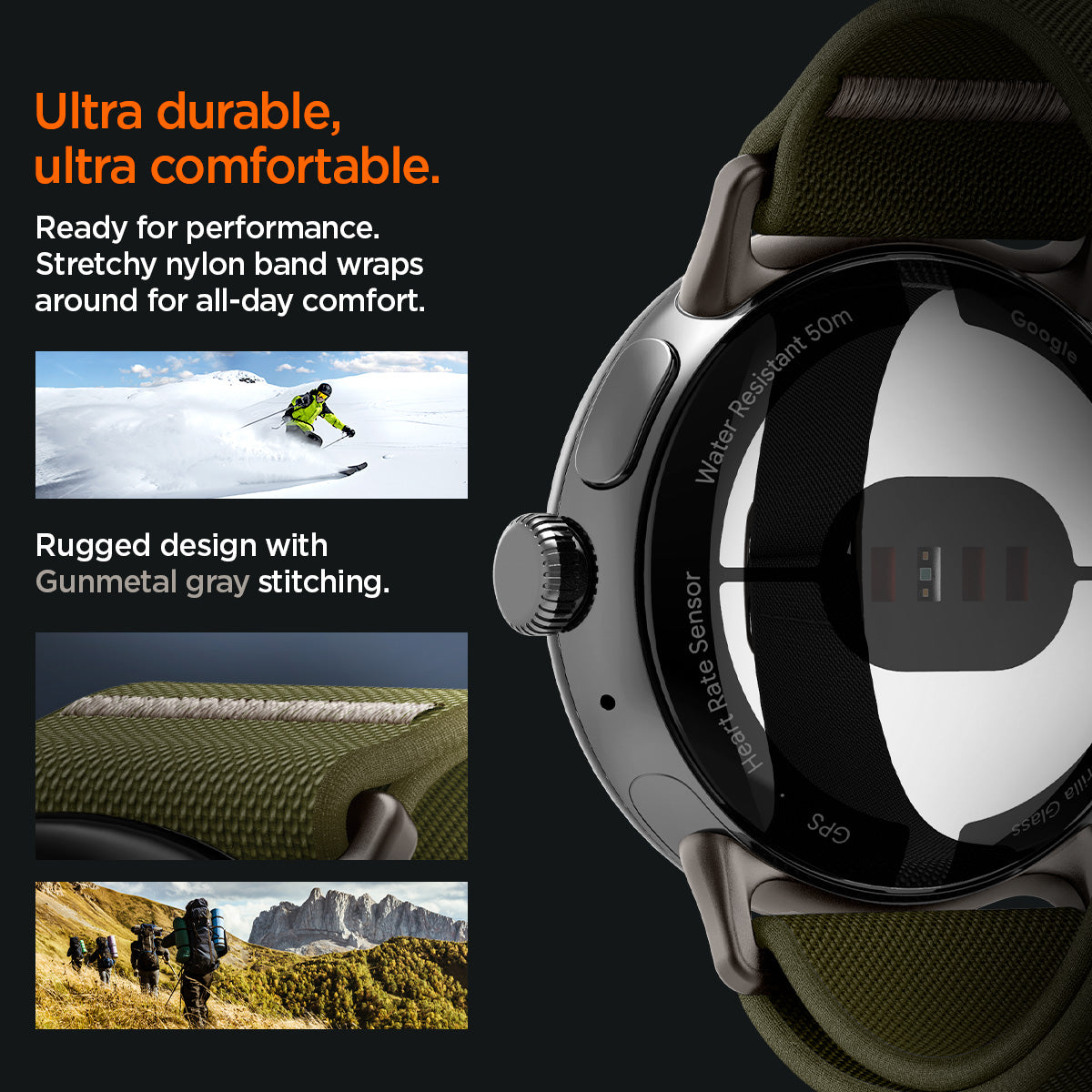 AMP07608 - Pixel Watch Lite Fit in Khaki ultra durable, ultra comfortable. ready for performance stretchy nylon band wraps around for all day comfort. rugged design with gunmetal gray stitching.