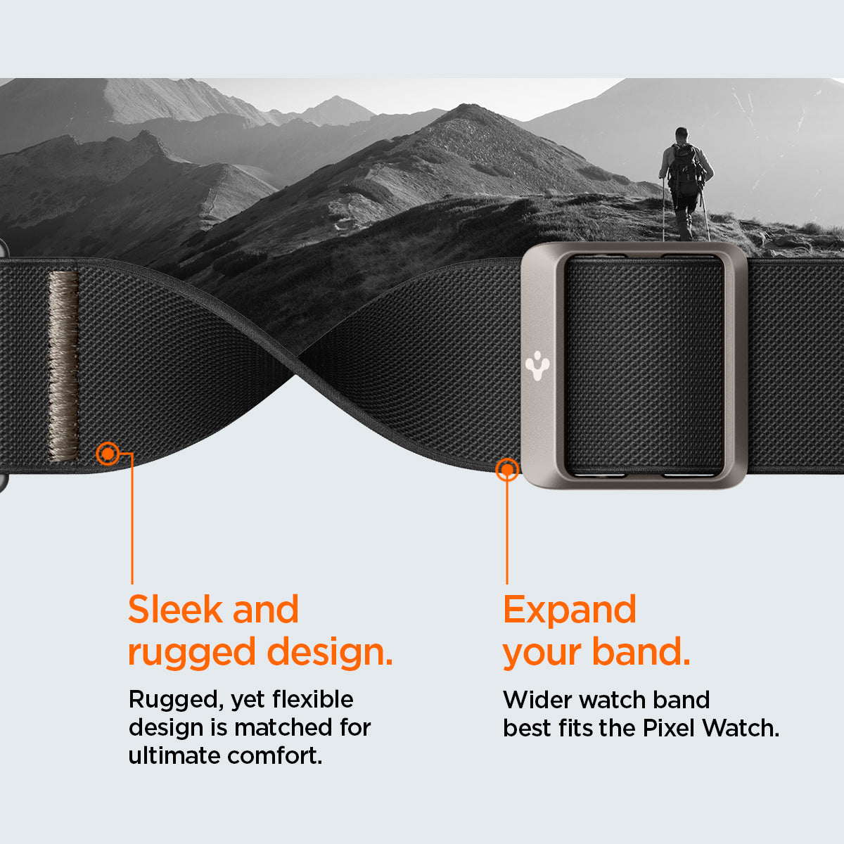 AMP06348 - Pixel Watch Series Case Lite Fit in black sleek and rugged design. rugged, yet flexible design is matched for ultimate comfort. Expand your band. wider watch band best fits the pixel watch.
