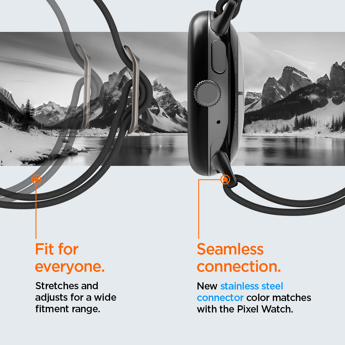 AMP06348 - Pixel Watch Series Case Lite Fit in black fit for everyone stretches and adjusts for a wide fitment range. seamless connection new stainless steel connector color matches with the pixel watch.