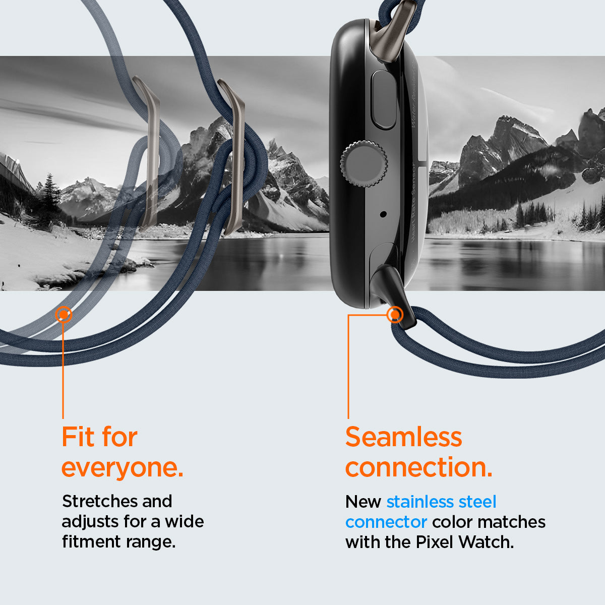 AMP07607 - Pixel Watch Lite Fit in Navy fit for everyone stretches and adjusts for a wide fitment range. seamless connection new stainless steel connector color matches with the pixel watch.