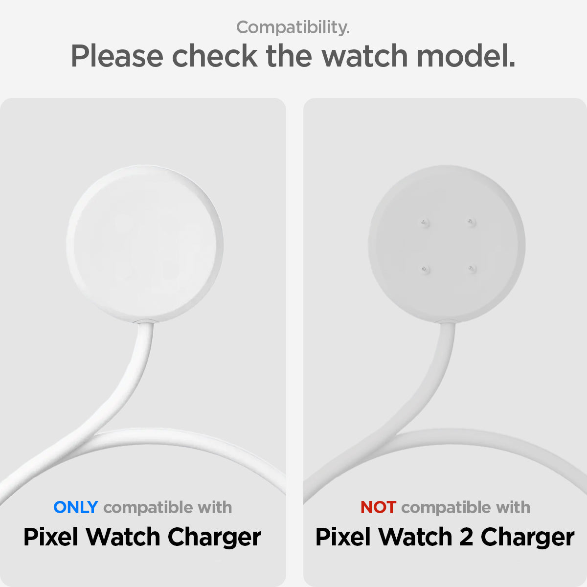 AMP05796 - Pixel Watch Stand Black S354 in black showing the compatibility. Only compatible with Pixel Watch Charger and Not Compatible with Pixel Watch 2 Charger